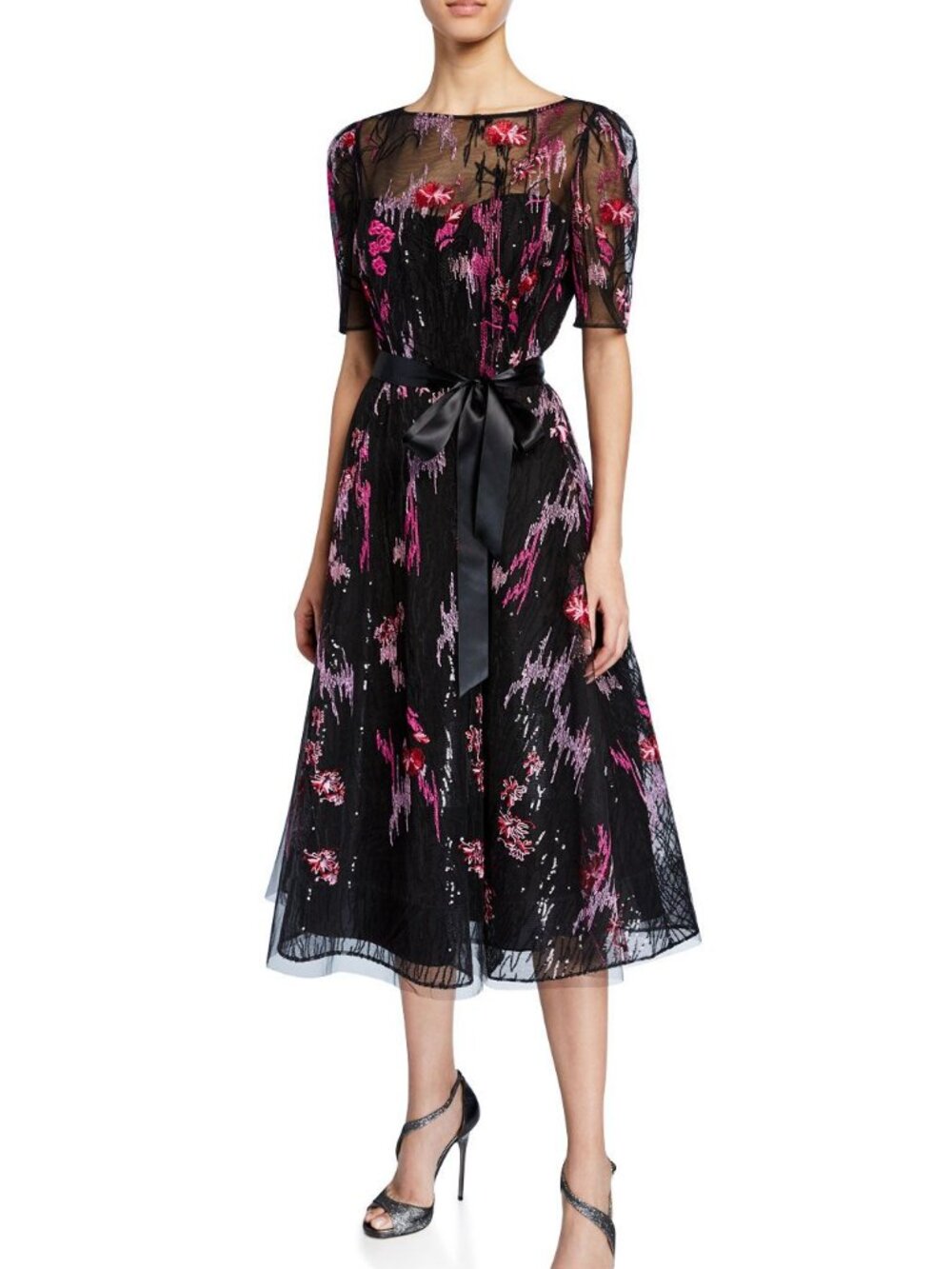 Embroidered Tulle Cocktail Dress w/ Sequin Underlay